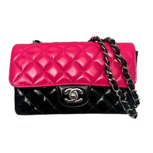 CHANEL 2020 Cruise Pink and Black Patent Leather Mini Classic Flap SHW